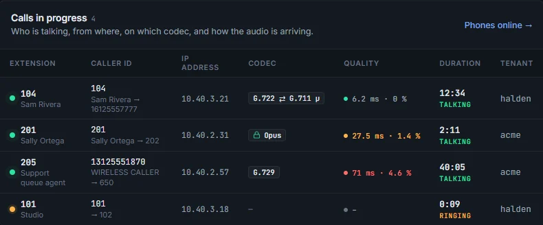 Calls in progress with made-up data: each call's extension, caller ID, IP address, codec with a lock for encrypted calls, jitter and packet loss, and a running duration.